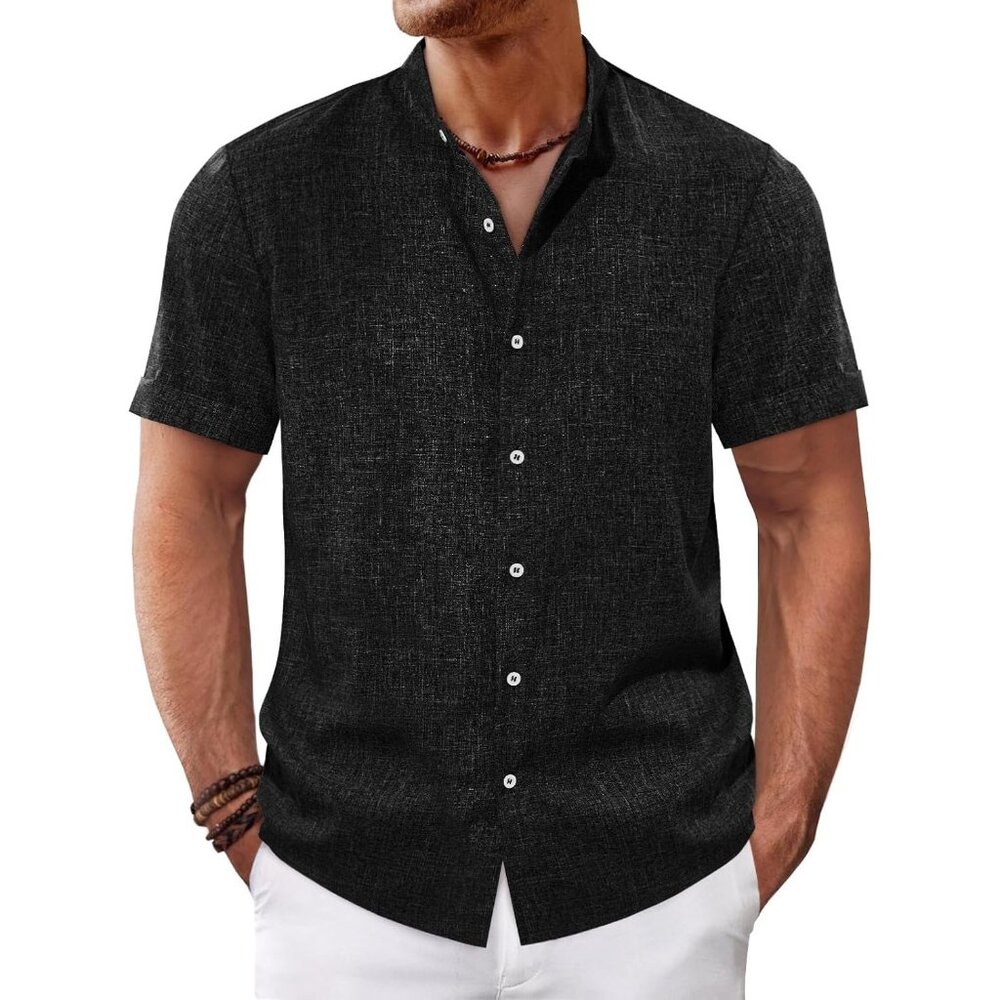 💫 Men Black Casual Button Down Shirts Short Sleeve Banded Collar Hippie Tops